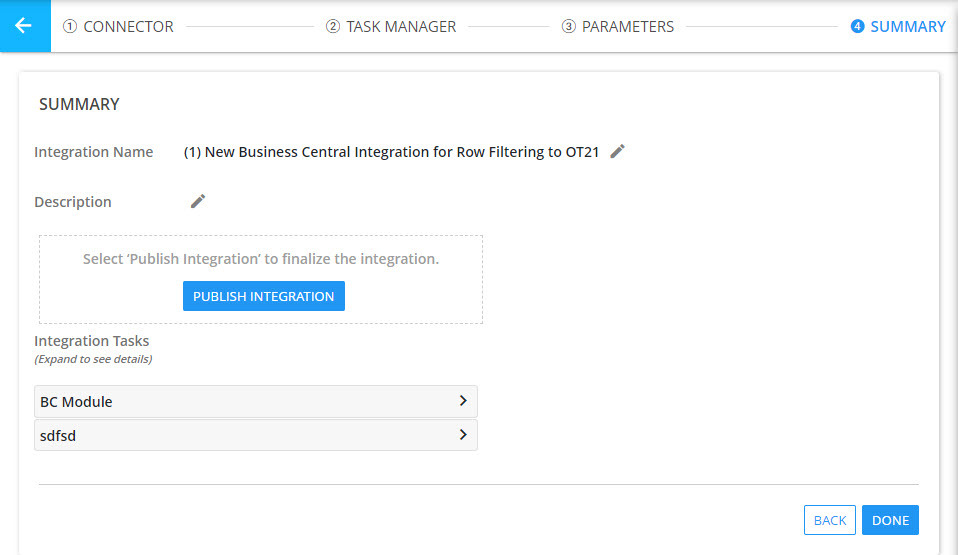 Integration Creation Summary Page